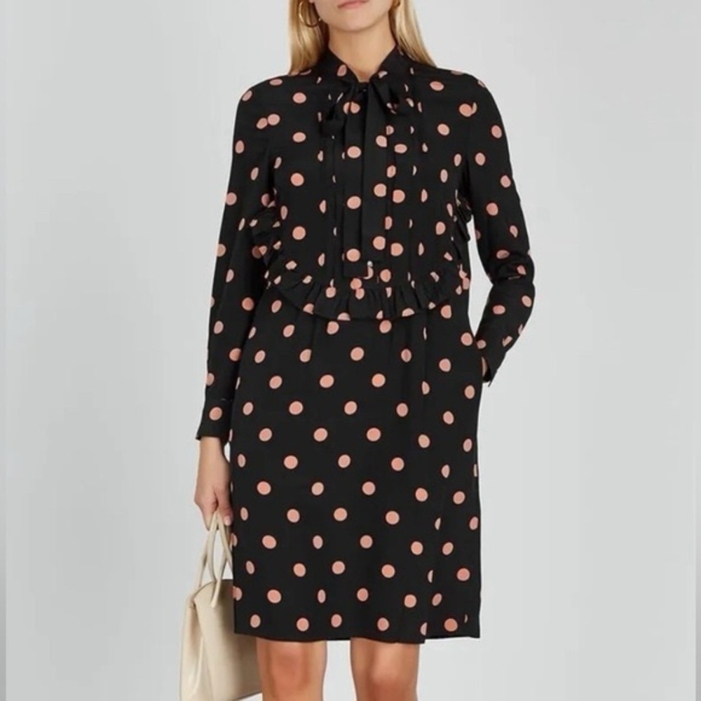 Tory Burch Tie-Neck Ruffle Trimmed Polka Dot Silk Crepe De Chine Dress